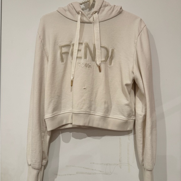 Fendi Women's Cream Embossed Logo Hoodie